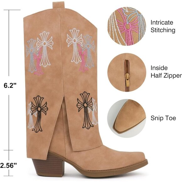 ⚡ Women Brown Synthetic Cowgirl Chunky Heel Mid Calf Snip Toe Side Zip Boots - Picture 4 of 6